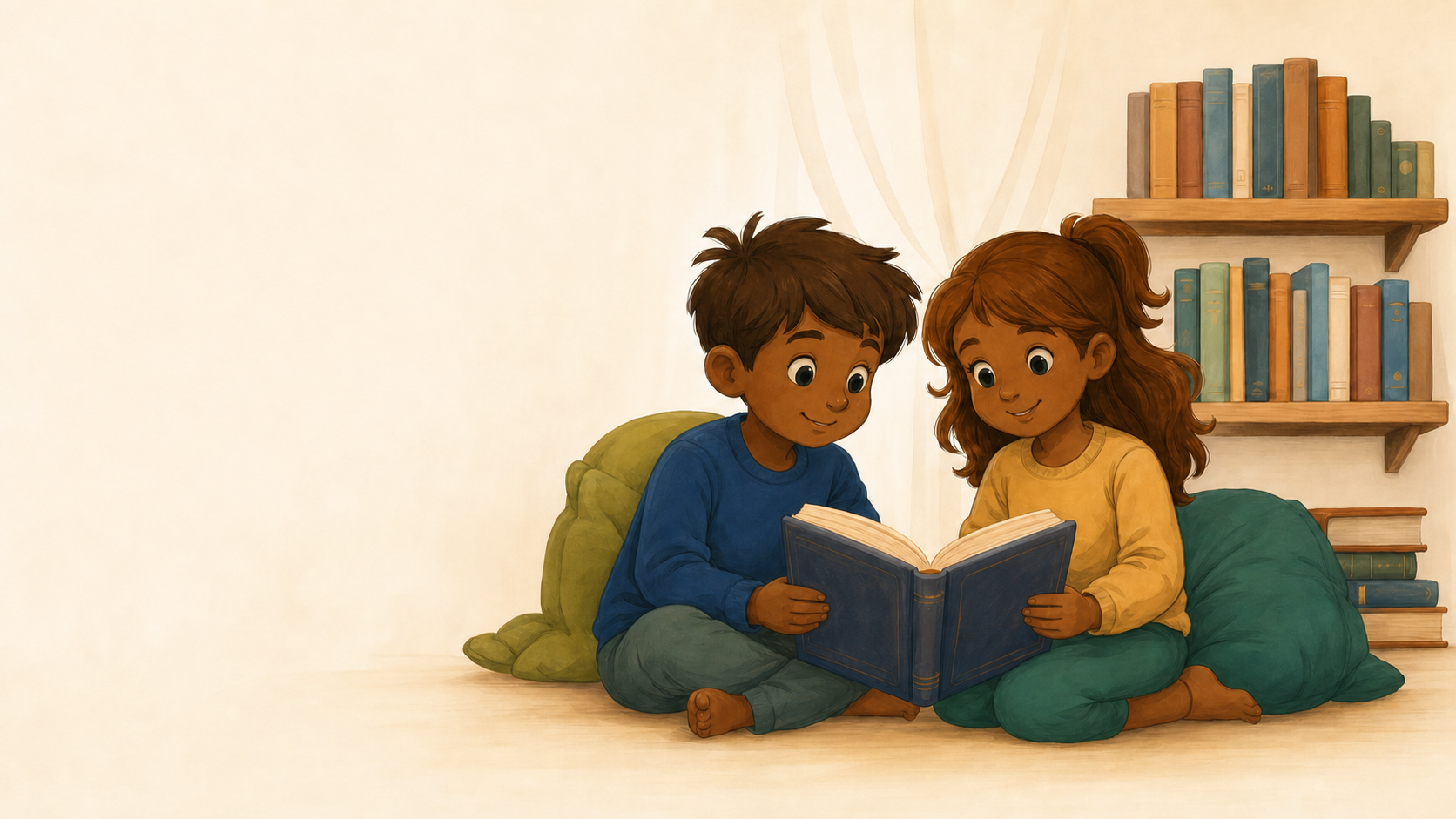 Two children reading a book together in a warm library corner