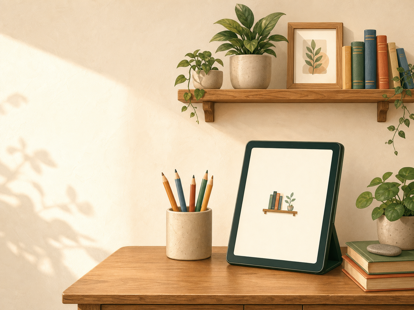 A warm learning corner with books, plants, pencils and a tablet