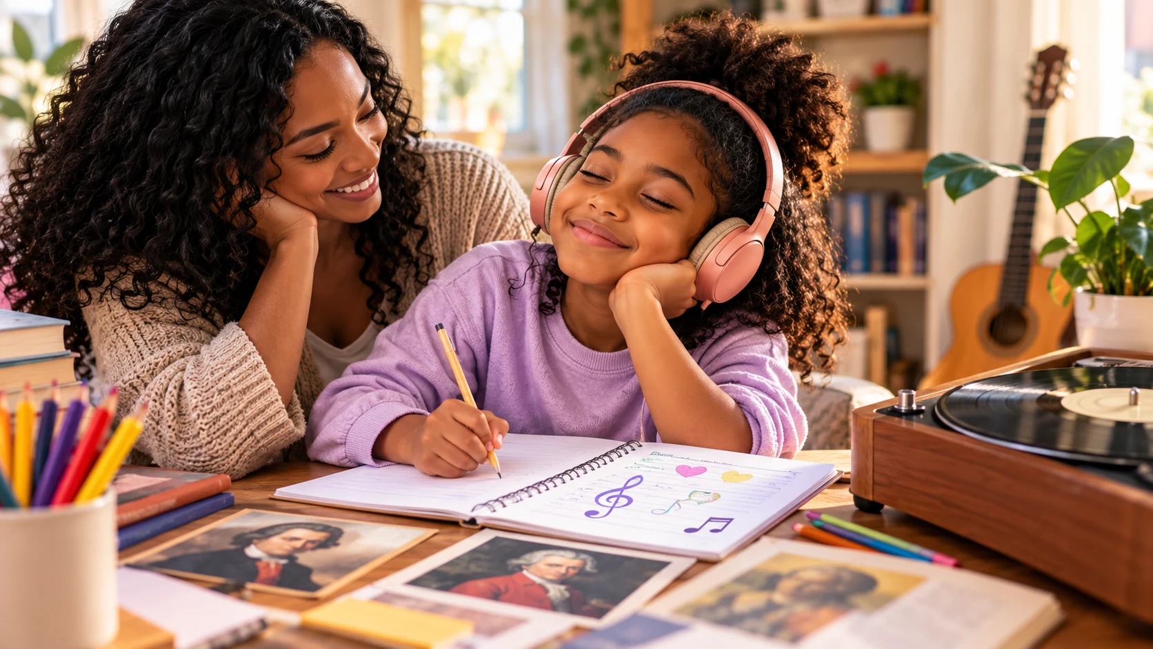 A child wearing headphones draws in a music journal beside her mother.