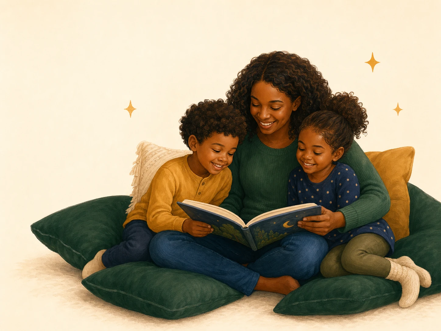 A parent sharing an illustrated book with two children