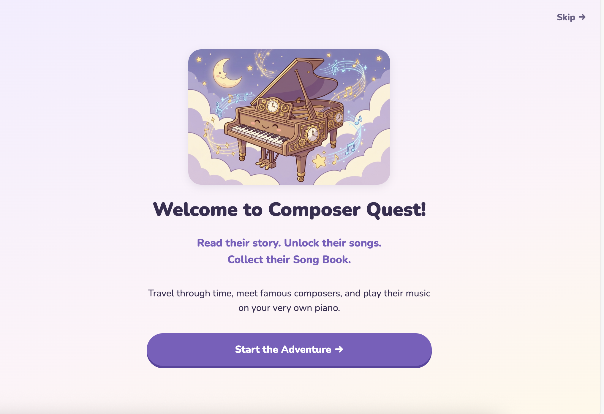 Composer Quest welcome screen