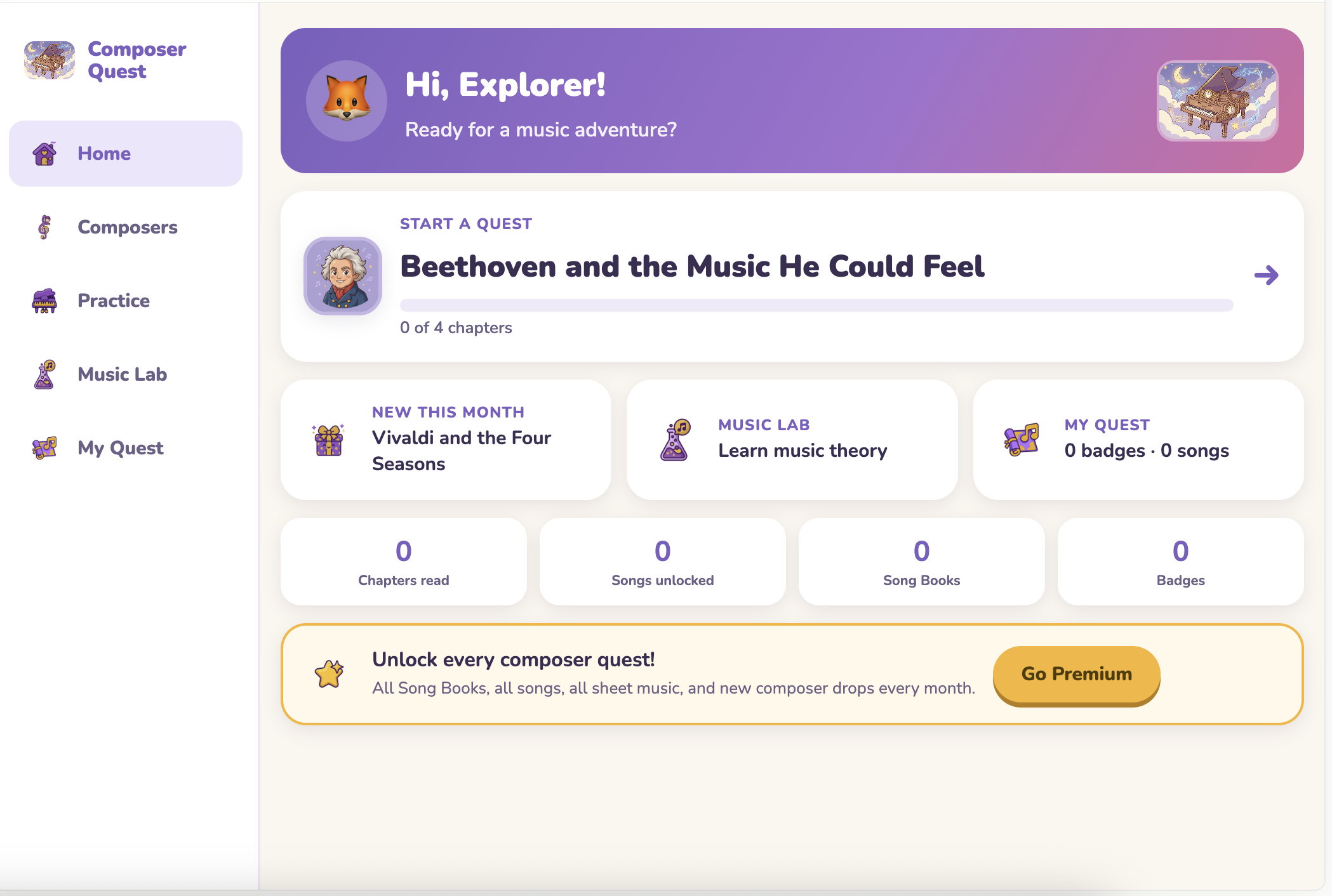 Composer Quest learner dashboard