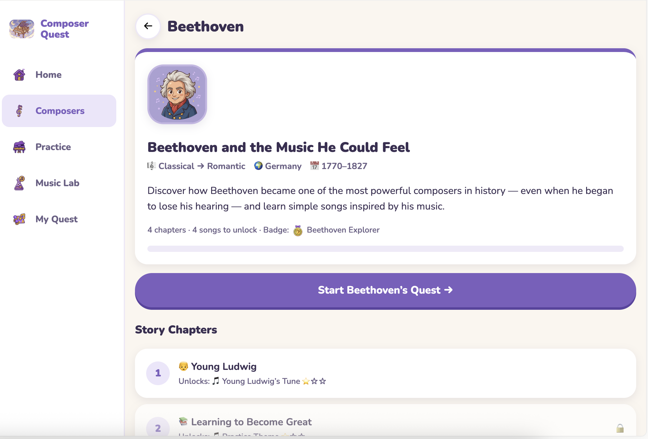 Composer Quest Beethoven story chapters
