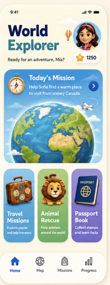 Mapora World Explorer home screen with travel missions, animal rescue and passport book