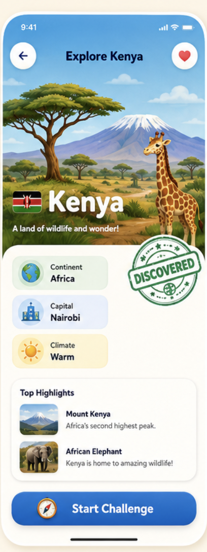 Mapora Kenya discovery screen with country facts and landmarks