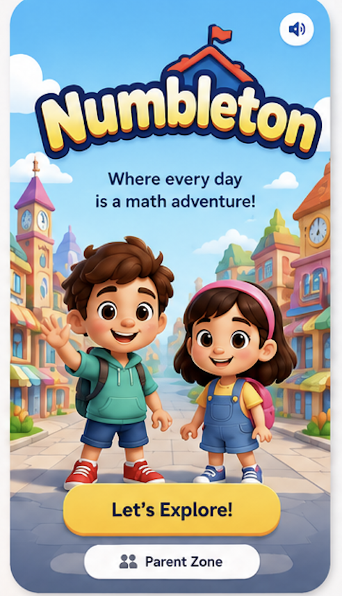 Numbleton welcome screen with two young explorers