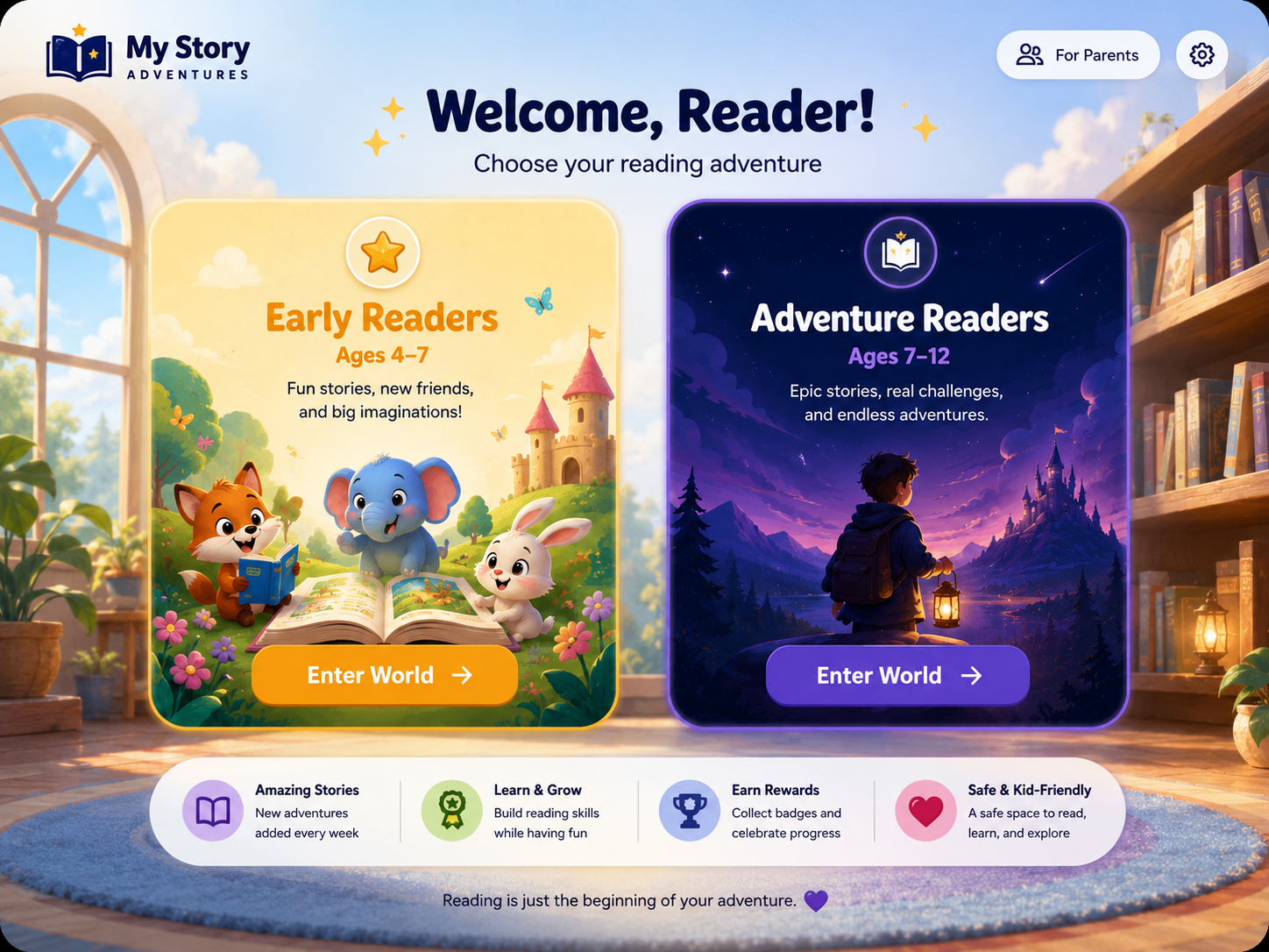 Story Quest welcome screen with early reader and adventure reader choices